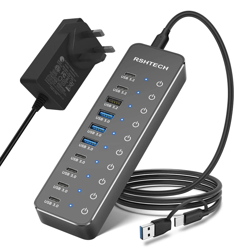 RSHTECH Powered USB C/3.2 Hub 60W, 10 Port USB HUB with 3x 10Gbps USB 3.2 Ports (2C+1A), 7x 5Gbps USB 3.0 Ports (4C+3A), 3.3ft USB-C/A Cable and 12V/5A Power Adapter