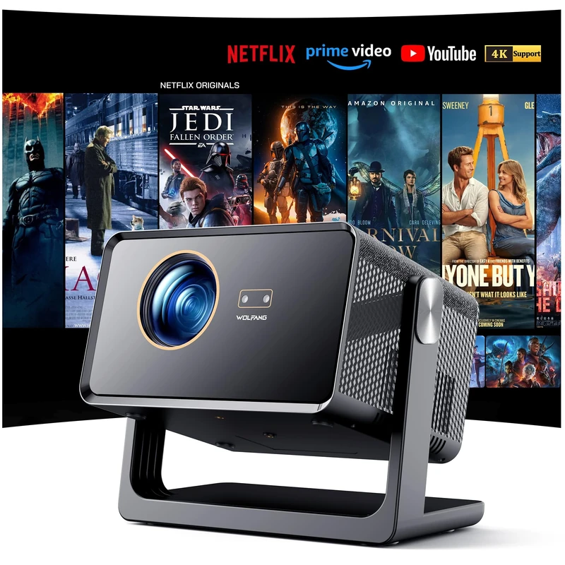 WOLFANG 4K Projector, Smart Projector with Auto Focus & Auto Keystone, 28000 Lumens, Bluetooth, Home Cinema for Bedroom & Ceiling Projection