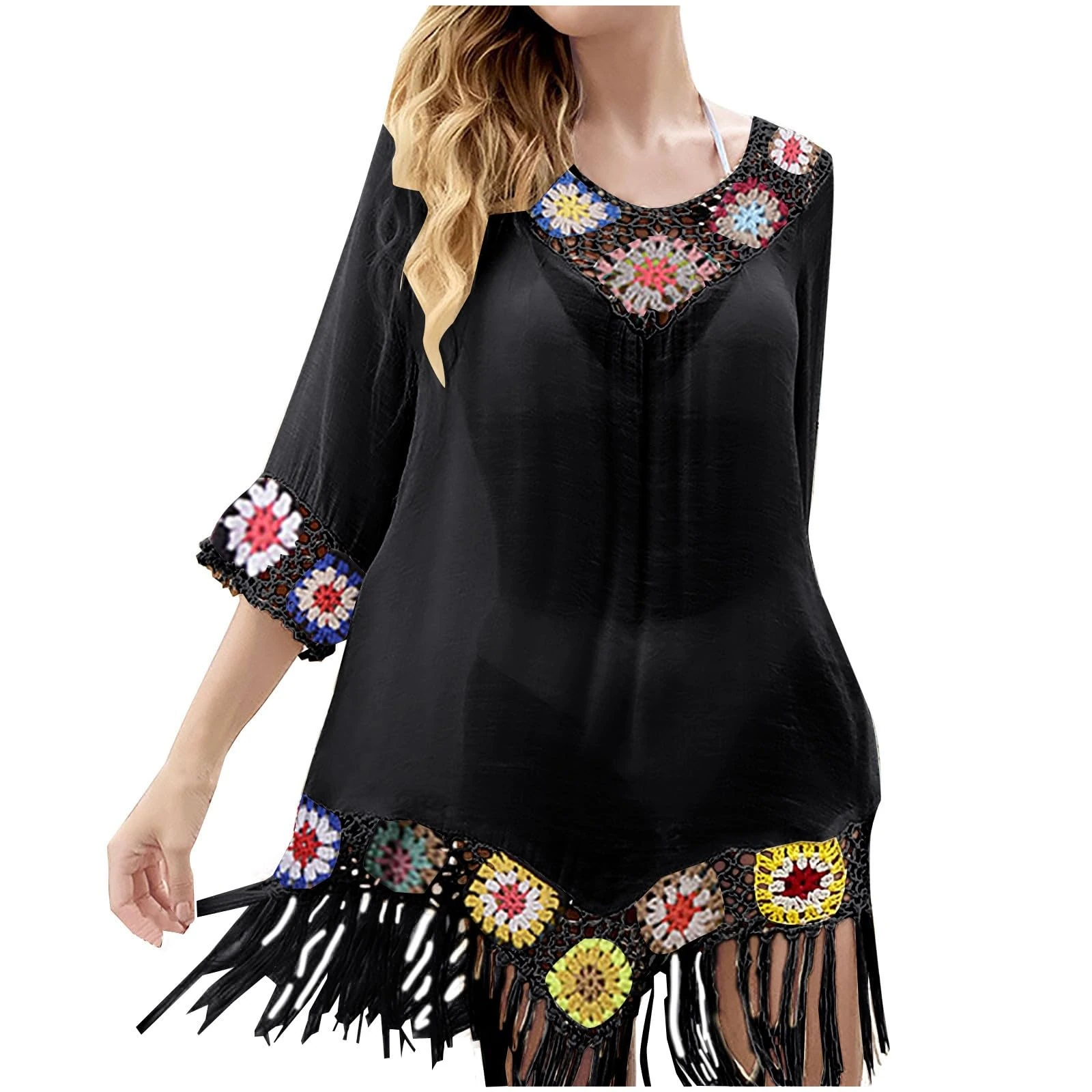 Women's Swim Cover-ups & Sarongs, Crochet Tassels Beach Cover Up Loose V Neck Bohemian Dresses Beachwear Bikini Cover Up Sarong Swimwear Bathing Suit Baggy Kaftans Plus Size Boho Dress Swimsuit Black