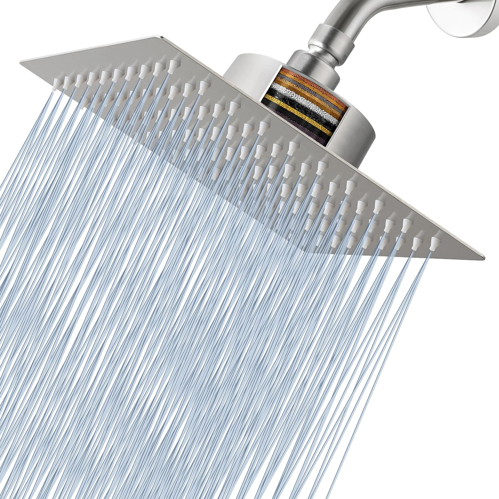Voolan Rain Shower Head with Filter, High Flow Large Rainfall Shower Heads Made of Stainless Steel, Waterfall Filtered Showerhead for Hard Water (8" Brushed Nickel)