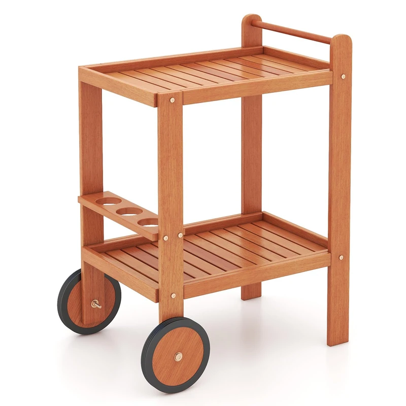 GiantexUK 2-Tier Serving Trolley, Wooden Bar Cart with Wine Bottle Holders, 2 Wheels & Handle, Utility Indoor Outdoor Beverage Drinks Trolley for Kitchen Dining Room Patio Garden