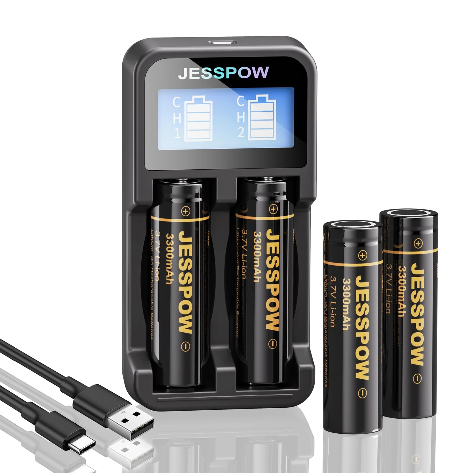 3300mAh High Drain 3.7 V 18650 Rechargeable Battery Flat top with Charger, Long Lasting Batteries for Flashlight, Camera, Small Fan (4 Pack)