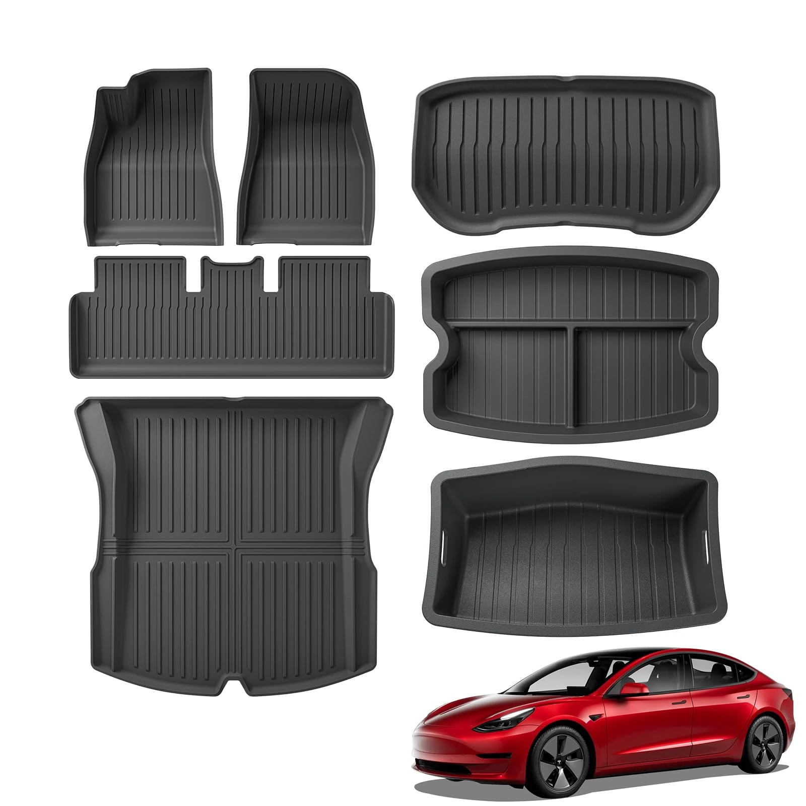 7PCS Floor Mats for Tesla Model 3 Highland 2024 2025 All Weather TPE Front Rear Trunk Cargo Liner Frunk Mat Storage Mat Heavy Duty Accessories Black