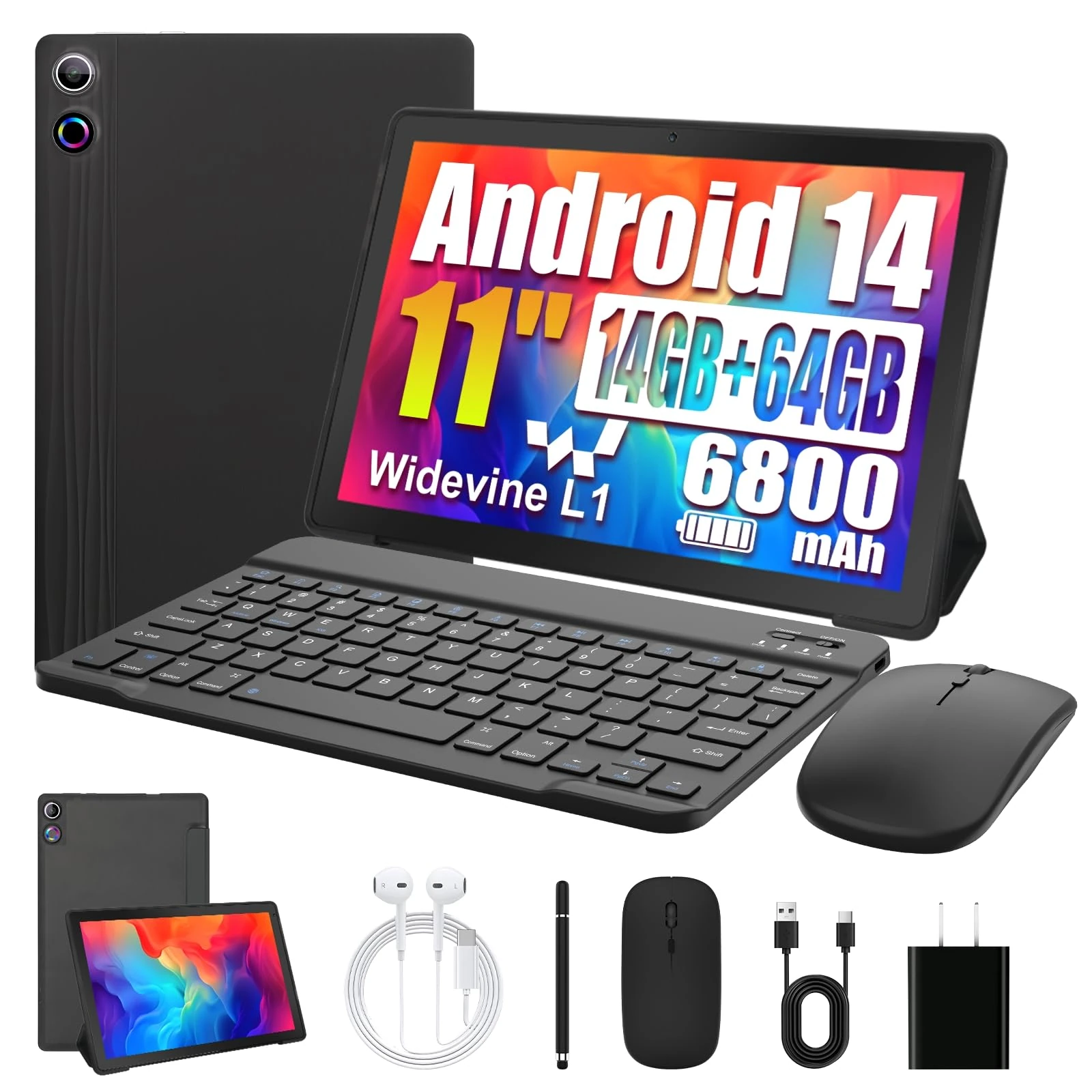 Ainmel Android 14 Tablet 11 Inch - Android Tablet with Keyboard 14GB 1TB Expand, Octa-Core Tablets 6800mAh, Widevine L1, WiFi 6, Face Unlock 2 in 1 tablet with Mouse, Case, Charger (Black)
