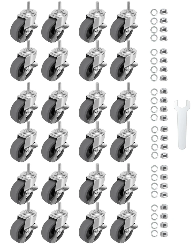 Caster Wheels, 3" Locking Swivel Stem Casters Set with Brake of 24, 3/8"-16 x 1 (Screw Diameter 3/8", Length 1") Rubber Casters with 360 Degree No Noise Wheels