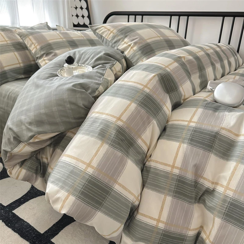 EAVD Green Gingham Comforter Set Twin XL 3 Pieces Grid Plaid Comforter Set Modern Simple Grid Checkered Bedding Set with 2 Pillowcases Reversible Gingham Bedding Set for Boys Women Men
