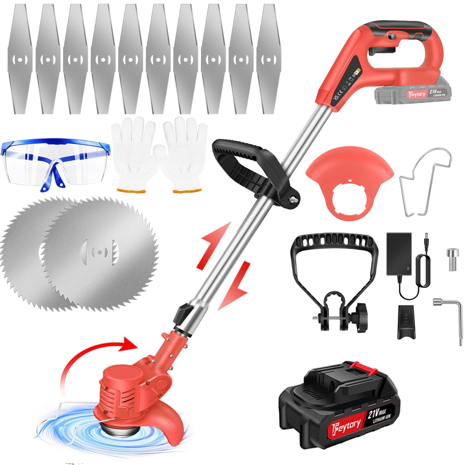 Cordless Strimmer With Battery And Charger - 21V Telescopic Lightweight Grass Trimmer Battery Grass Trimmer With 10 x Metal Blades & 2x Circular Saw Blade, 24cm Cutting Width Garden Lawn Trimmer