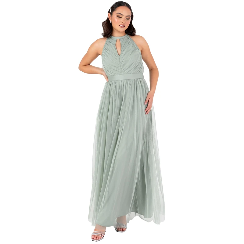 Anaya with Love Women's Maxi Dress Ladies Sleeveless Halterneck Keyhole Sash Tie Belt Tulle A-line Bridesmaid Wedding Guest Prom Evening, Frosty Green 10