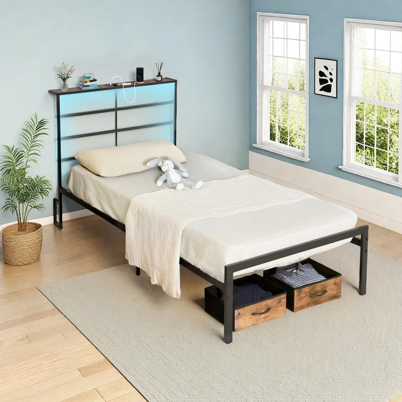 FurnitureR Bed Frame 3ft Single Size with USB Charging Station, LED Bed Frame with Wood Storage Headboard, Black Metal Platform Bed with 32cm Under Bed Storage, No Box Spring Needed, Noise Free