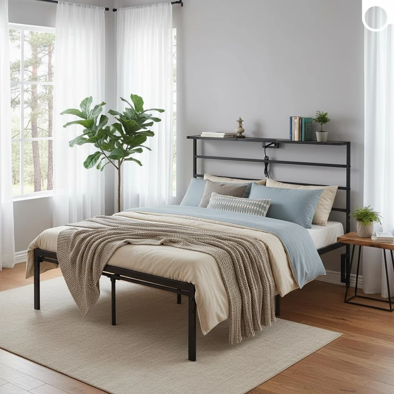 FurnitureR LED BedFrame with Headboard 4ft6 Double Bed Lights Storage and Charging Station, Heavy Duty Metal Platform Single Bed Frame, No Box Spring Needed, Noise Free, Easy Assembly