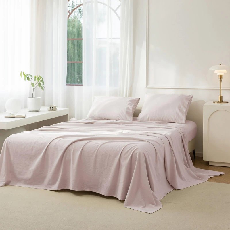 JIYUAN King Washed Cotton Sheet Set, 4-Piece, Relaxed Linen Feel