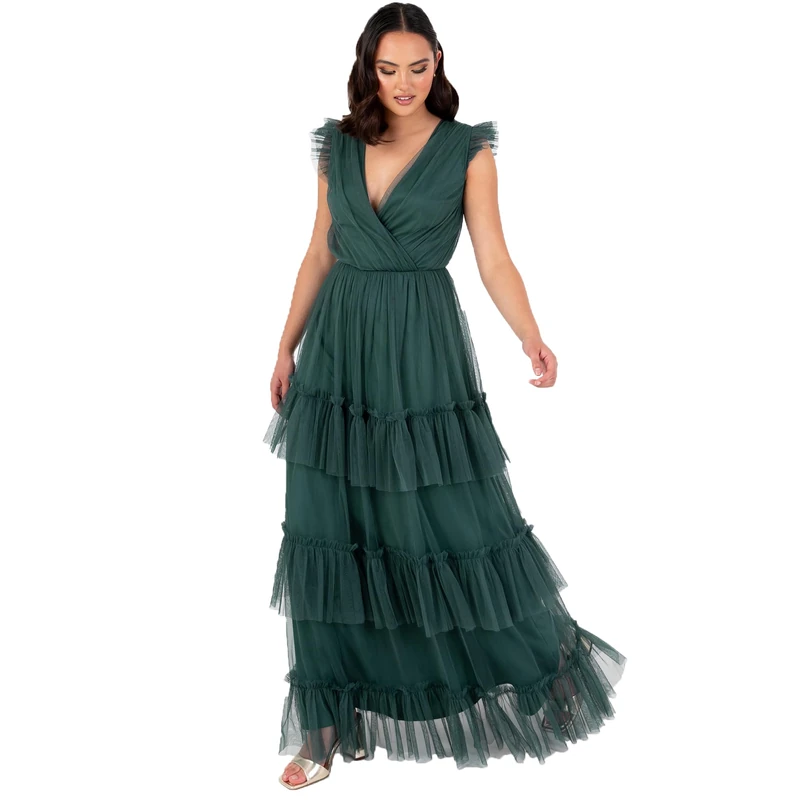 Anaya with Love Women's Maxi Dress Ladies Short Sleeve V-Neck Wrap Tiered Ruffle Tulle A-line Wedding Guest Bridesmaid Prom Ball Gown, Emerald Green 6