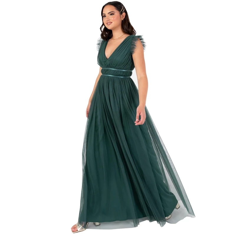 Anaya with Love Women's Maxi Dress Ladies Cap Sleeve V-Neck Satin Detail Tulle A-Line Bridesmaid Wedding Guest Occasion Prom Ball Gown Women's, Emerald Green, 24