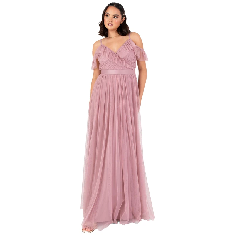 Anaya with Love Women's Maxi Ladies Sleeveless V-Neck Cold Shoulder Tulle Sash Tie Belt A-line Bridesmaid Wedding Guest Ball Gown Dress, Bridal Rose, 26