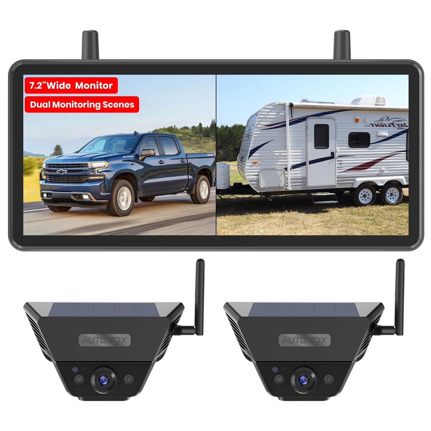 AUTO-VOX Solar Wireless Reversing Camera, 1-Min Install, 7.2" HD 1080P Monitor, Dual Camera System, Strong Magnetic Scratch-Proof Reverse Camera for Car, SUVs, Van, Trucks, Campers and Motorhome