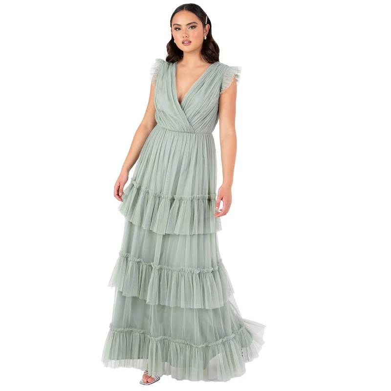 Anaya with Love Women's Maxi Dress Ladies Short Sleeve V-Neck Wrap Tiered Ruffle Tulle A-line Wedding Guest Bridesmaid Prom Ball Gown, Frosty Green 22