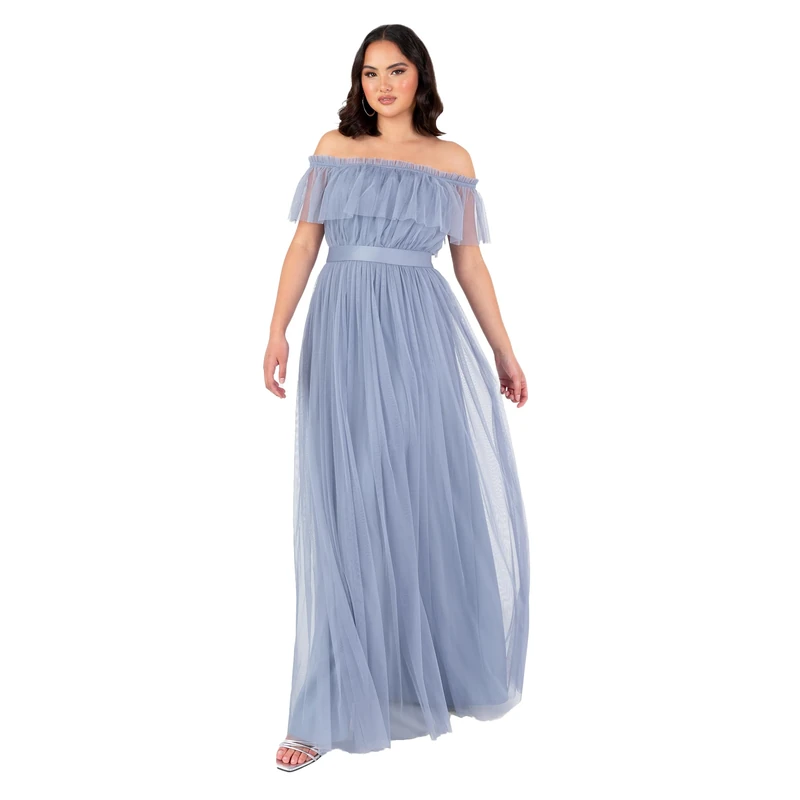 Anaya with Love Women's Maxi Dress Ladies Sleeveless Off Shoulder Bardot Neckline Tulle Sash Tie Belt A-line Bridesmaid Wedding Guest, Slate Blue 16