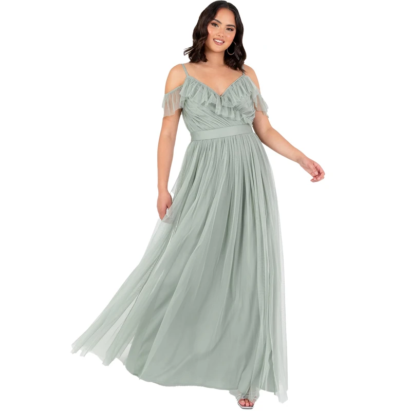Anaya with Love Women's Maxi Dress Ladies Sleeveless V-Neck Cold Shoulder Tulle Sash Tie Belt A-line Bridesmaid Wedding Guest Ball Gown, Frosty Green, 6