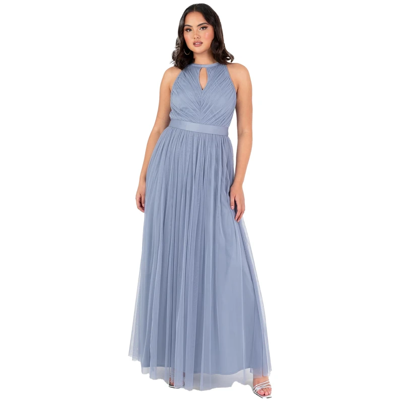 Anaya with Love Women's Maxi Dress Ladies Sleeveless Halterneck Keyhole Sash Tie Belt Tulle A-line Bridesmaid Wedding Guest Prom Evening, Slate Blue 10