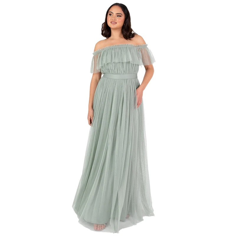 Anaya with Love Women's Maxi Dress Ladies Sleeveless Off Shoulder Bardot Neckline Tulle Sash Tie Belt A-line Bridesmaid Wedding Guest, Frosty Green 16