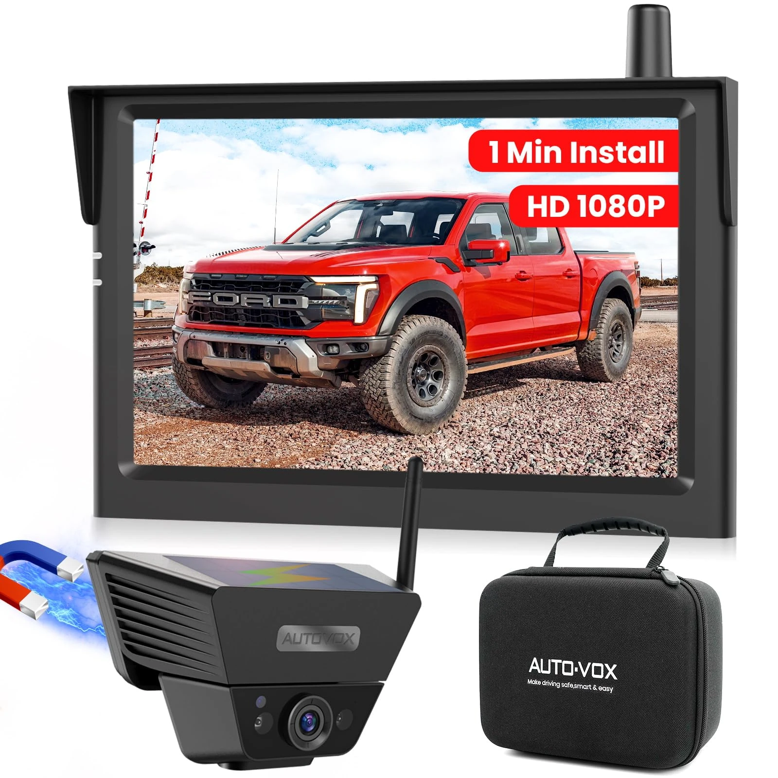 AUTO-VOX Solar Magnetic Wireless Reversing Camera Kit: 1-Min DIY Install, 5" 1080P HD Dual Channel Monitor, Protective Carry Case, Stable Signal, IP69 Waterproof Reverse Camera for Motorhome,Trailer