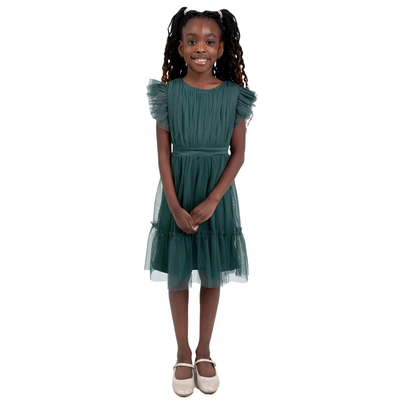 Anaya with Love Girl's Maya Deluxe Flower Dress Bridesmaid Children's Round Neck Short Flutter Sleeve Bow Tulle Ruffle Princess Kids, Emerald Green, 9-10 Years