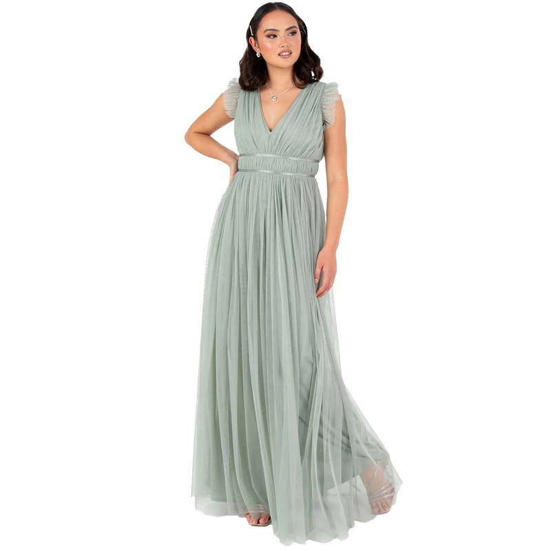 Anaya with Love Women's Maxi Dress Ladies Cap Sleeve V-Neck Satin Detail Tulle A-line Bridesmaid Wedding Guest Occasion Prom Ball Gown, Frosty Green 6