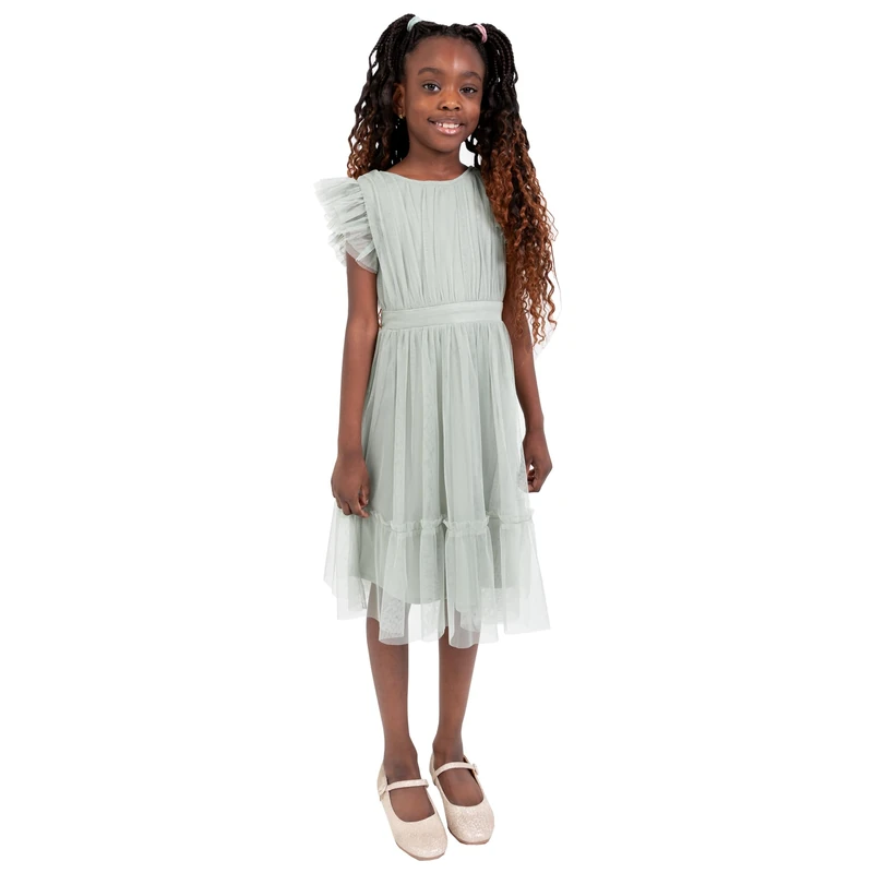 Anaya with Love Girl's Maya Deluxe Flower Dress Bridesmaid Children's Round Neck Short Flutter Sleeve Bow Tulle Ruffle Princess Kids, Frosty Green, 5-6 Years