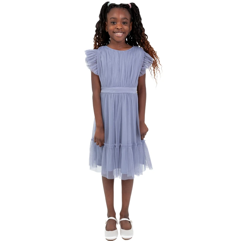 Anaya with Love Maya Girls' Deluxe Flower Girl Dress, Bridesmaid, Children's Round Neck Short Flutter Sleeve Bow Tulle Ruffle Princess Kids Dress, Slate Blue, 3-4 Years, Slate Blue, 3-4 Years