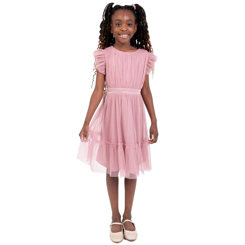 Anaya with Love Girl's Maya Deluxe Flower Dress Bridesmaid Children's Round Neck Short Flutter Sleeve Bow Tulle Ruffle Princess Kids, Bridal Rose, 9-10 anni
