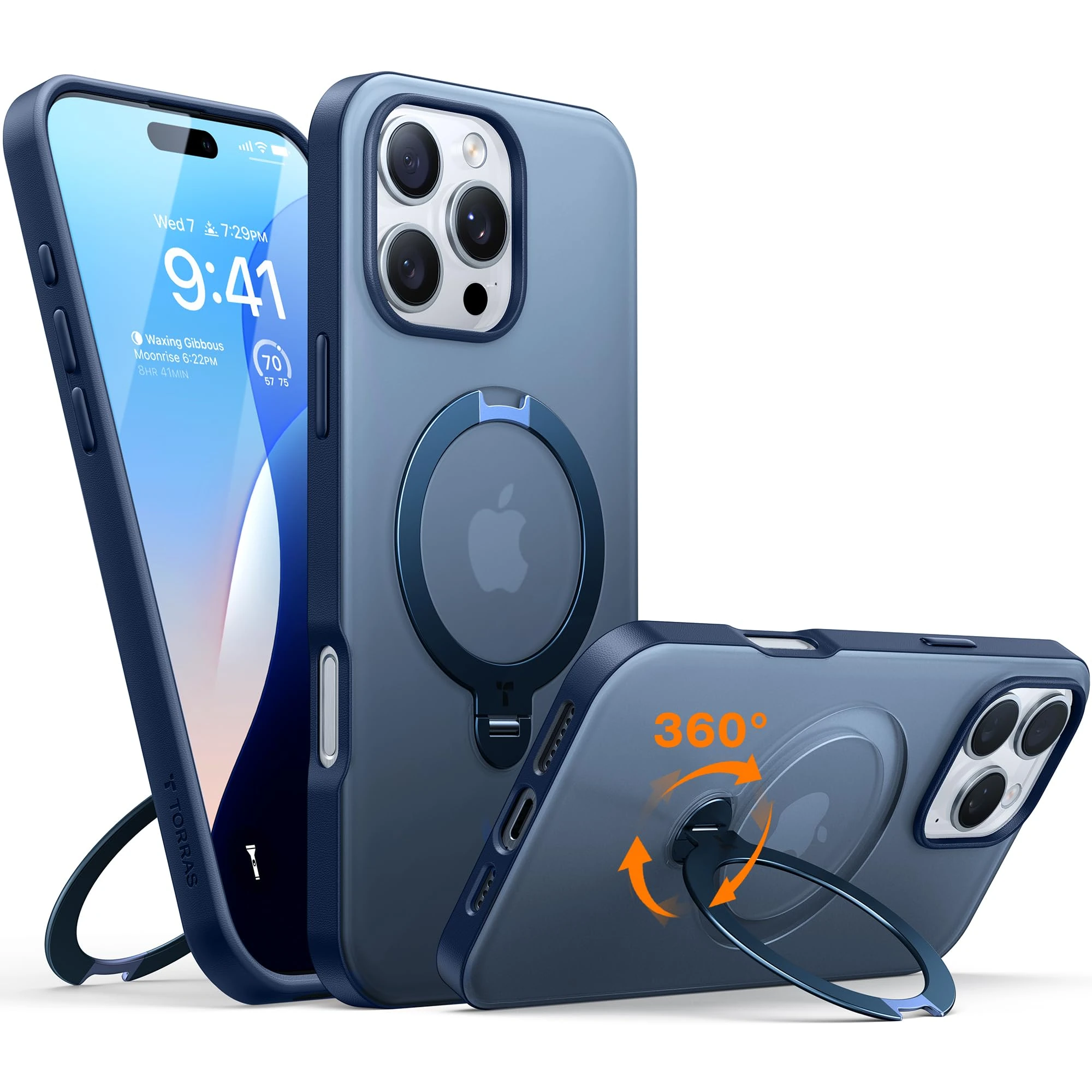 TORRAS 360° Spin Magnetic Stand for iPhone 16 Pro Case, Compatible with Magsafe,12FT Military Grade Shockproof, Slim Protective for iPhone 16 Pro Case, Matte Blue