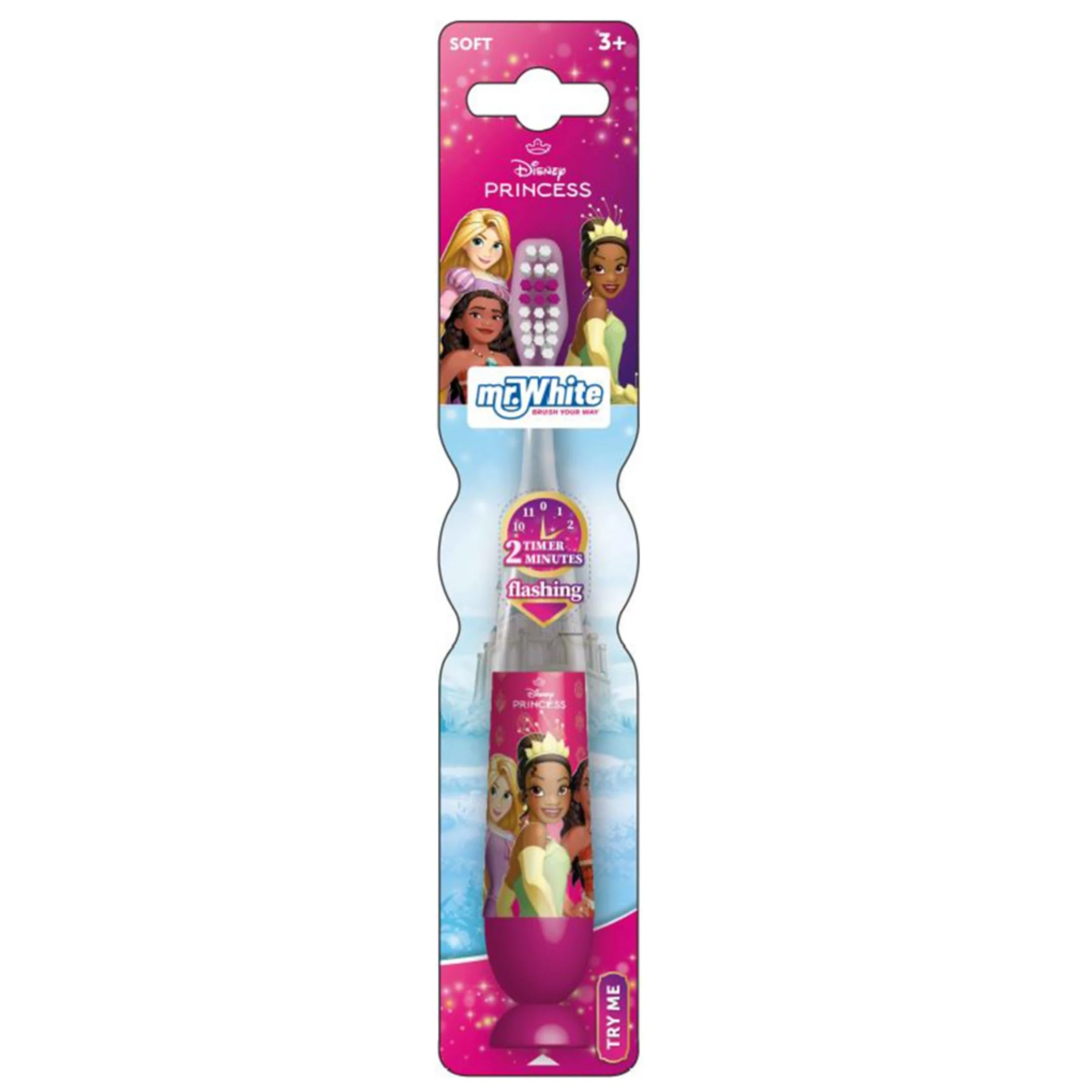 Disney Princess Flashing Toothbrush for Kids with 2 Minute Flashing Light, Comfortable Handle Grip, Soft Rounded Bristles and Suction Cup for Upright Storage for Children Ages 3+