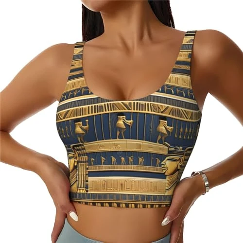 Egyptian Pharaonic Frescoes Print Women's Sports Bra Stretch Racerback Vest, Yoga Tank Top, Comfortable Workout Top, Black, M