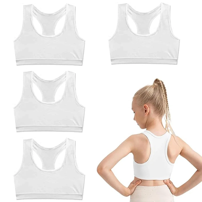 4 Pack White Sports Bra for Girls and Teens - Training Crop Top, Unpadded Wireless Air Wedge Bag Pump for Kids 8-14 Years