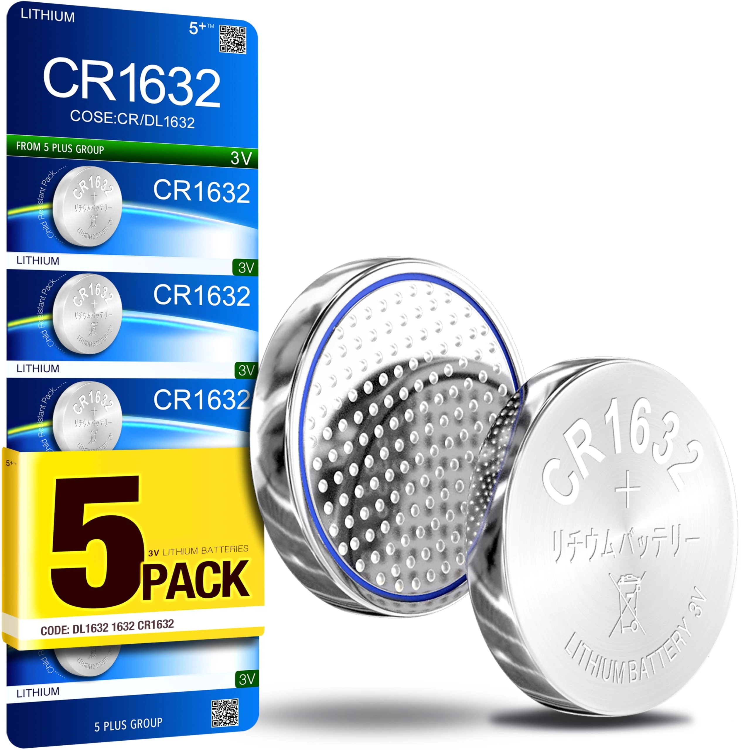 5Plus CR1632 3V Lithium Batteries (5 Pack) – DL1632 LM1632 Compatible, Long-Lasting Coin Cell for Watches, Remotes, Toys & More