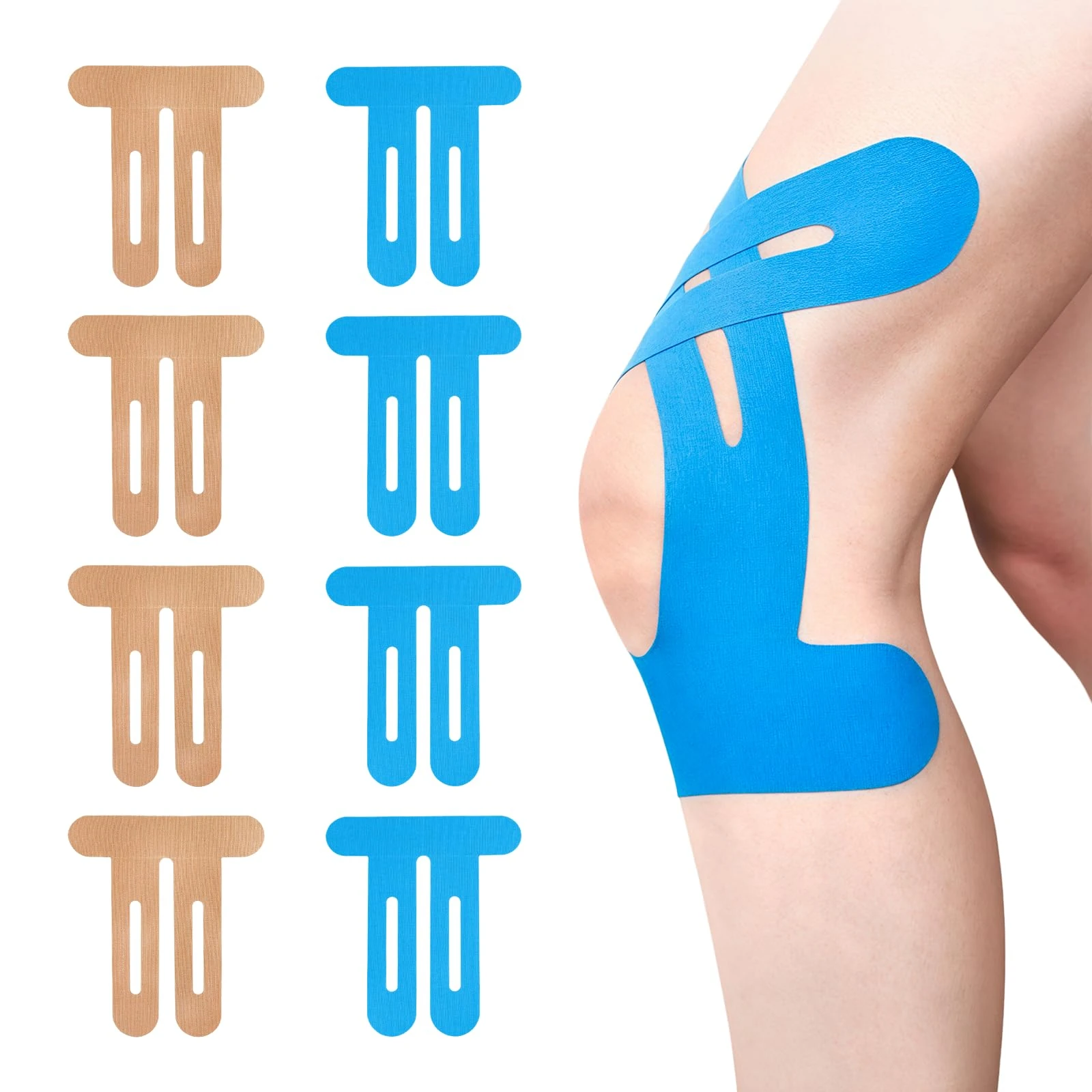 8 PCS Kinesiology Knee Tape, Knee Tape, Knee Tapes for Knee Pain, Elastic Waterproof Pre Cut Sports Tapes for Muscle Discomfort Relief(Skin Color, Blue)