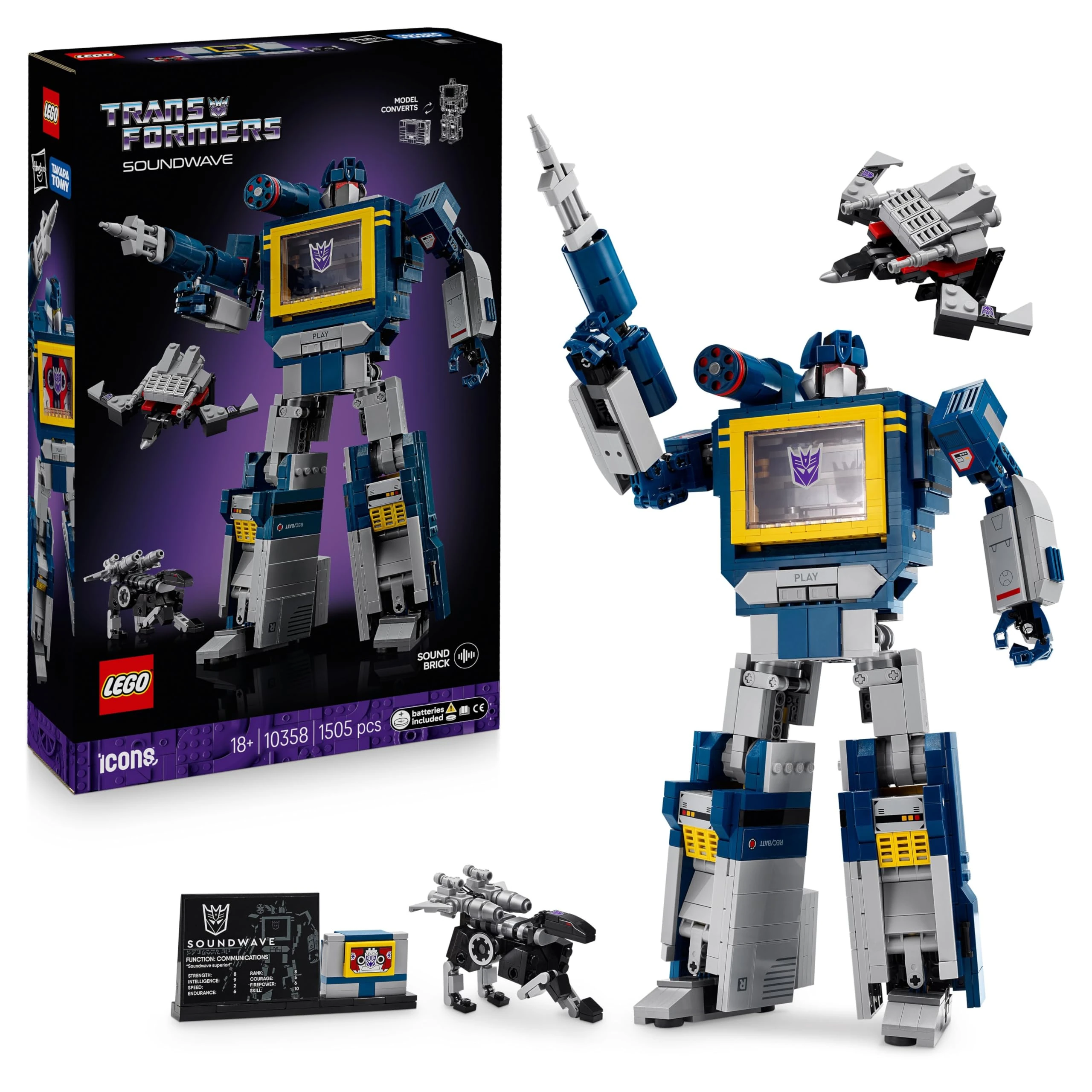 LEGO Icons Transformers: Soundwave Set for Adults - Display Model Kit with Convertible Figures incl. Laserbeak & Ravage, plus a Sound Brick - Collectible Gift for Fans - 10358