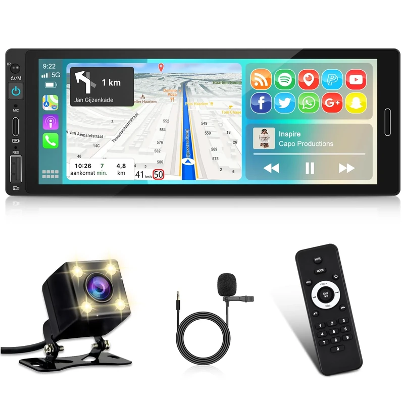 Single Din Carplay Car Stereo with Car Play Android Auto - 6.86 inch 1 Din Touch Screen Bluetooth Radio, Mirror Link/SWC/FM/7 Color Buttons + Reversing Camera