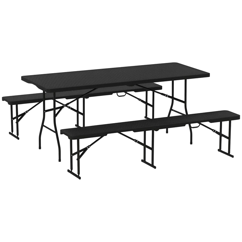 Outsunny Folding Picnic Table and Bench Set, Rattan Effect Portable Camping Table and Chairs with Carrying Handles for Indoor Outdoor, Dining, Camping, Picnic, BBQ, Party, Black