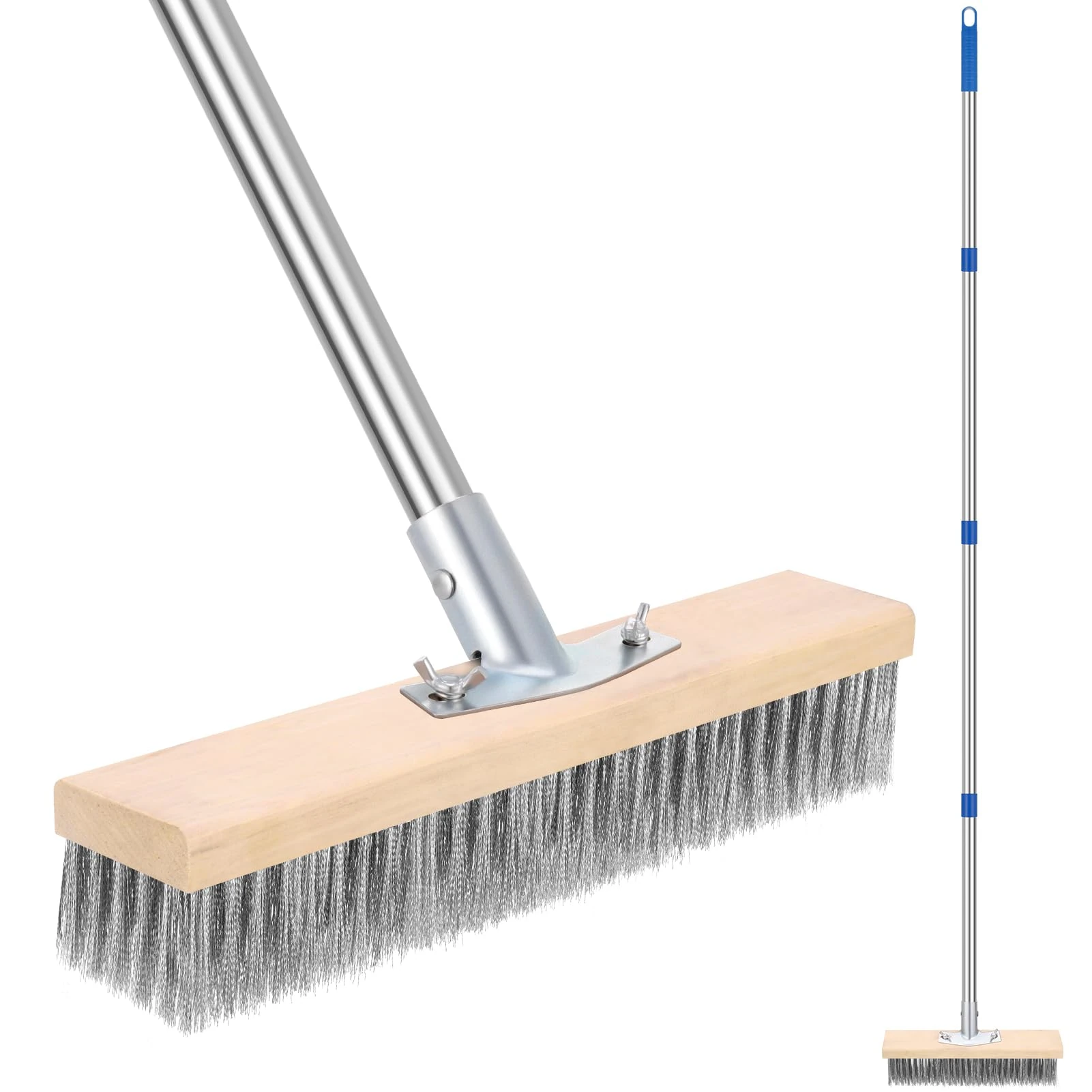 63 Inch Stainless Steel Wire Broom, Deck Scrub Brush with Long Handle Mental Floor Scrubber for Cleaning Moss, Tough Stains on Concrete, Grout, Garden, Garage, Patio, Swimming Pool