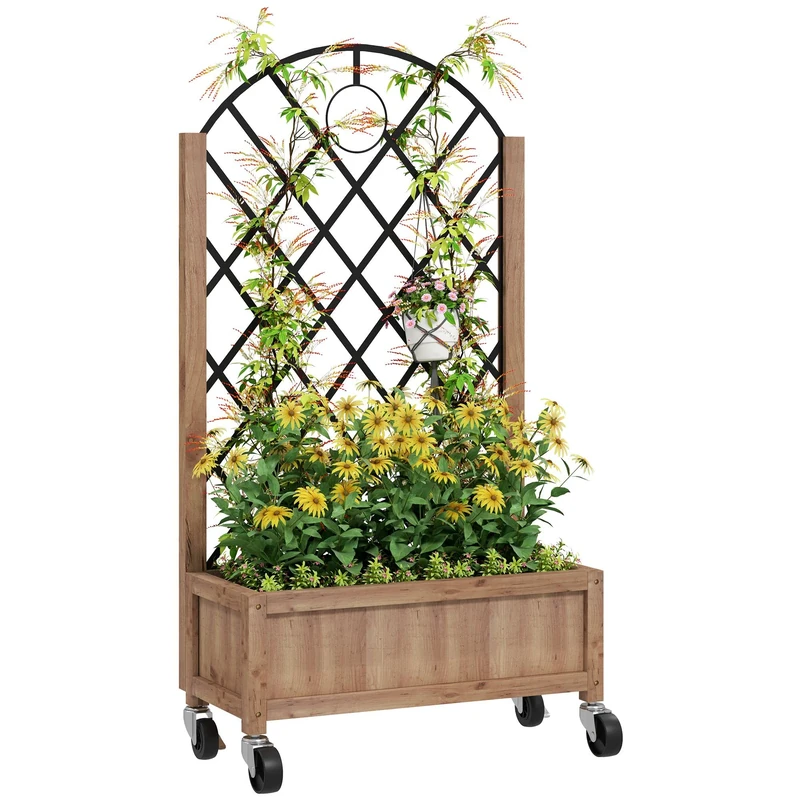 Outsunny Raised Garden Bed with Metal Trellis, Wooden Elevated Planter Box with Wheels and Drainage Holes, Outdoor Raised Planter for Climbing Plants, Fruits, Vegetables, Flowers, Brown