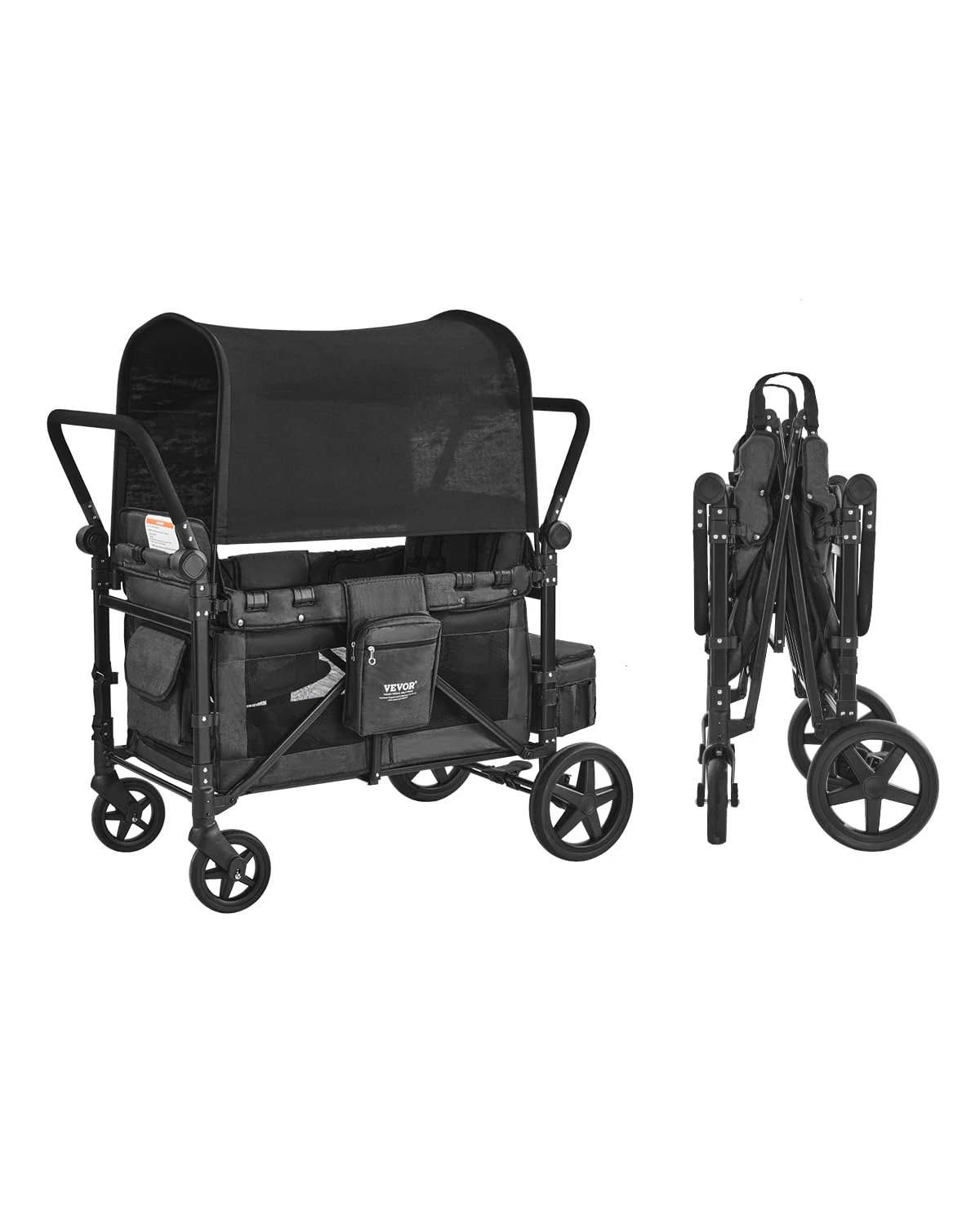 VEVOR Wagon Stroller for 4 Kids, Push Pull Quad Collapsible Stroller with Adjustable Handle, Safety Harness & Removable Canopy, 4-Seater Stroller Wagon for Camping, Dark Gray & Black (330LBS Loading)