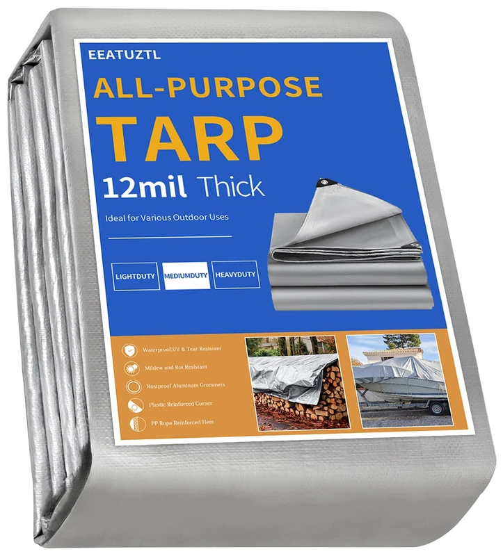 EEATUZTL Tarps Heavy Duty Waterproof, 12 Mil Silver Heavy Duty Tarps with Grommets Reinforced Edges, UV Resistant, Tear&Fade Resistant, Large Covers for Camping Patio Roof Boat Outdoors, 14 * 20FT