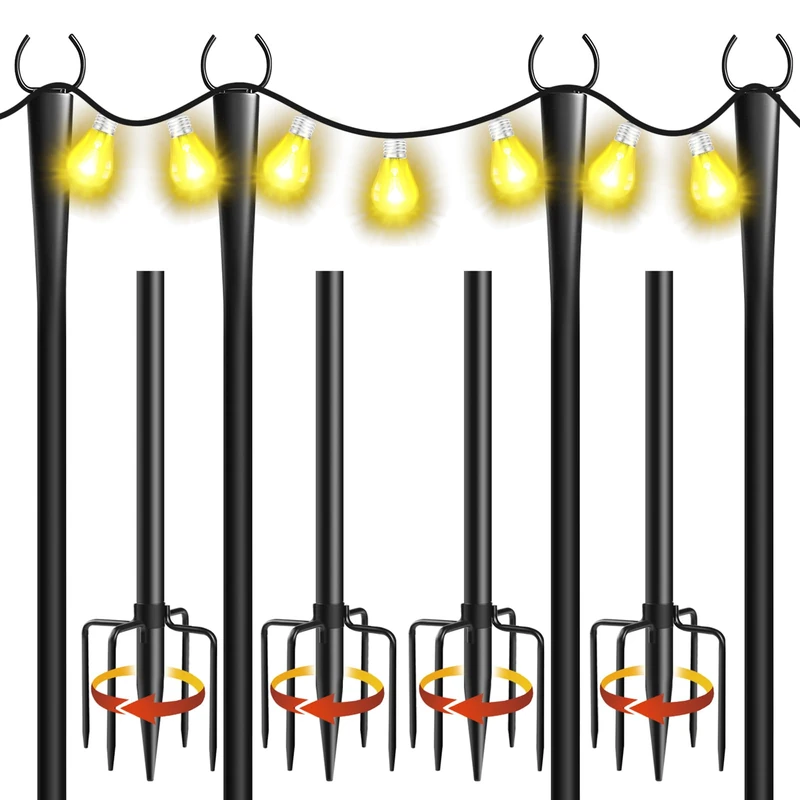 Cymuber 4 Pack 10Ft String Light Poles, Metal Poles with Fork for Outside Lights,Outdoor Metal Light Stand with Fence Brackets Hanging Lights for Garden Patio Wedding Backyard Deck Party