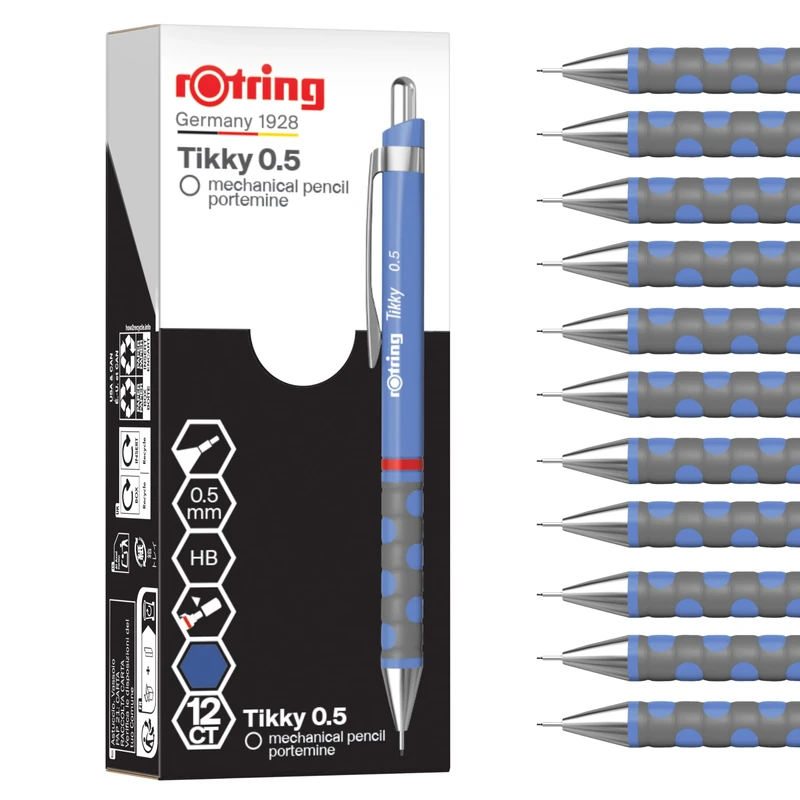 rOtring Tikky Mechanical Pencil | HB 0.5 mm | Iris (blue) Barrel | Lightweight with Rubberised Grip | 12 Count