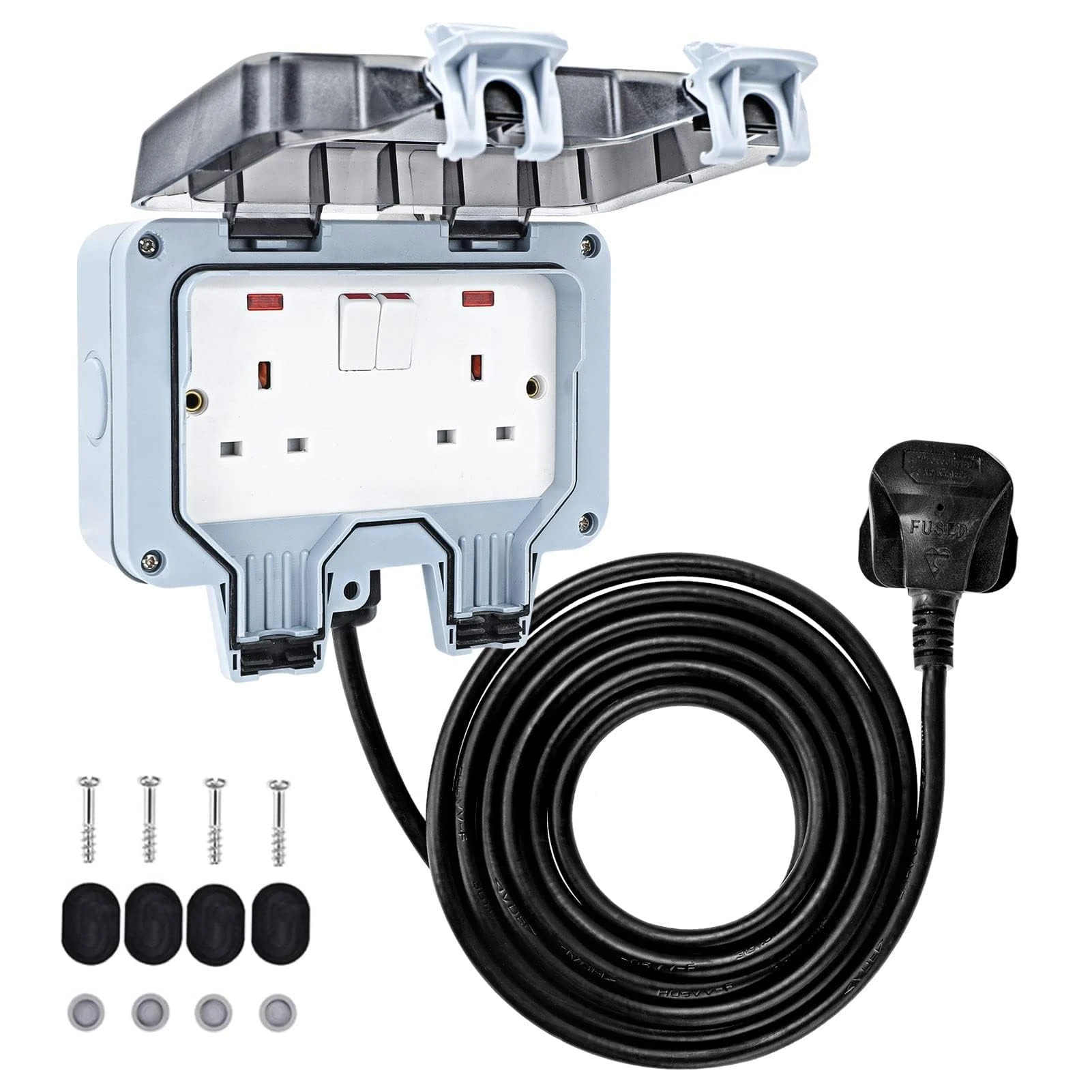 CROWNSHOP Weatherproof Outdoor Socket Waterproof Double Socket 5M Extension Lead IP66 Switched Wall Electrical Outlet 2 Gang Power Socket,Garden Outside Plug Sockets Cover Box (15m)