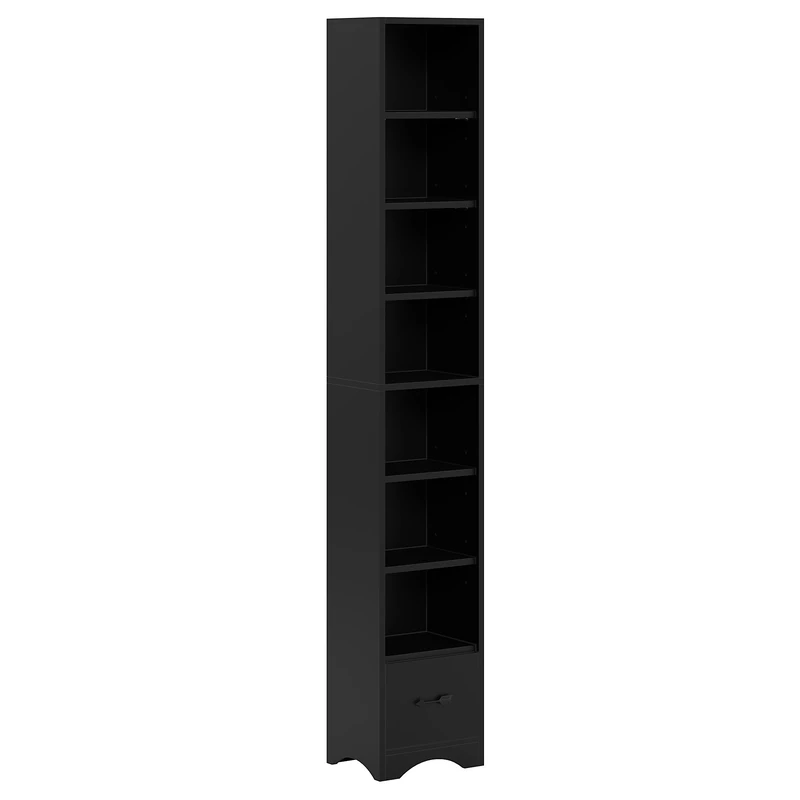 VECELO Tall Narrow Bookcase with Adjustable Shelves, 7 Tier Bookshelf Display Rack, Slim Storage Cabinet with Moisture Protection Base, Extra Drawer Storage, Space-Saving Design for Home Office, Black