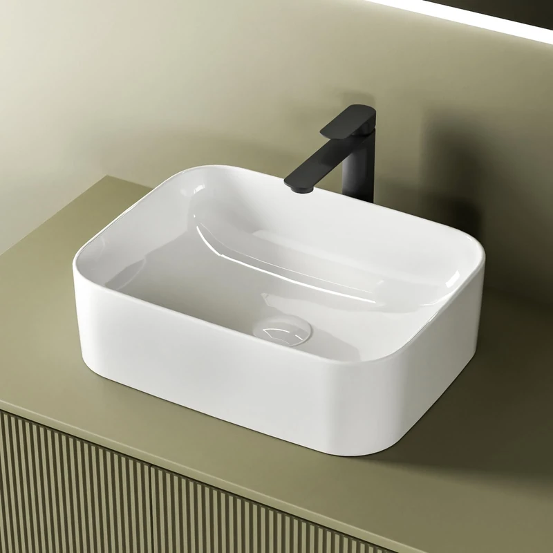 EMKE Rectangular Countertop Washbasin 50.5 × 38 × 15 cm – Bathroom Sink for Guest Toilet, White Gloss Ceramic