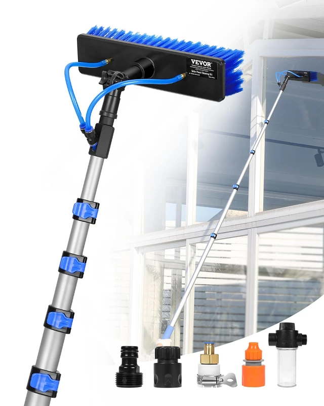 VEVOR 9m Cleaning Pole with Extendable Handle, 180° Rotatable Brush Head & 20m Hose, Household & Outdoor Window Cleaner Tool for Caravan Solar Panel Deck, Blue, 2125-9023 mm