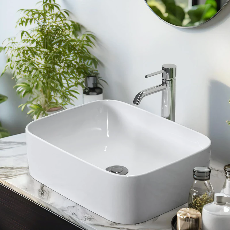 EMKE Rectangular Countertop Basin 61 × 38 × 15 cm – Guest Toilet Sink, Ceramic Basin for Bathroom, White Gloss